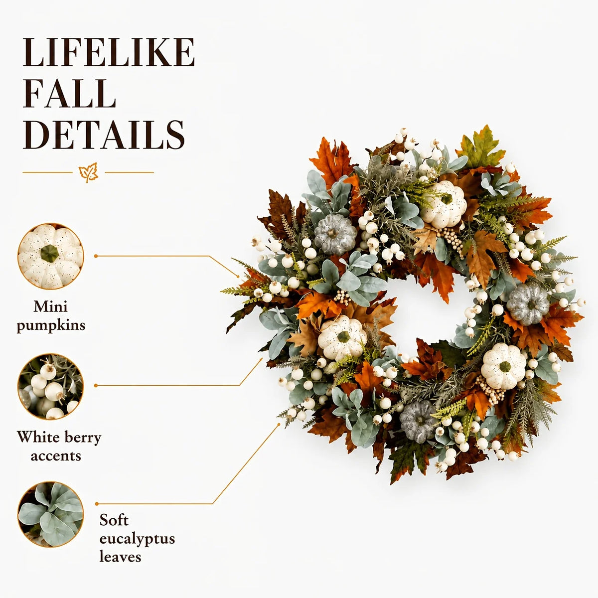 Artificial Peony And Pumpkin Farmhouse Wreath With Leaves And Berries