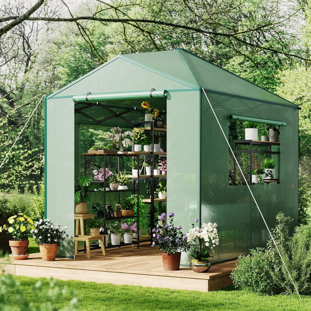 Tacleekii 6X8FT 8X12FT Walk-in Greenhouse Portable Plant Shelter with Heavy-Duty PE Cover Galvanized Steel Frame Zippered Roll-Up Doors & Mesh Windows for Outdoor and Indoor Gardening
