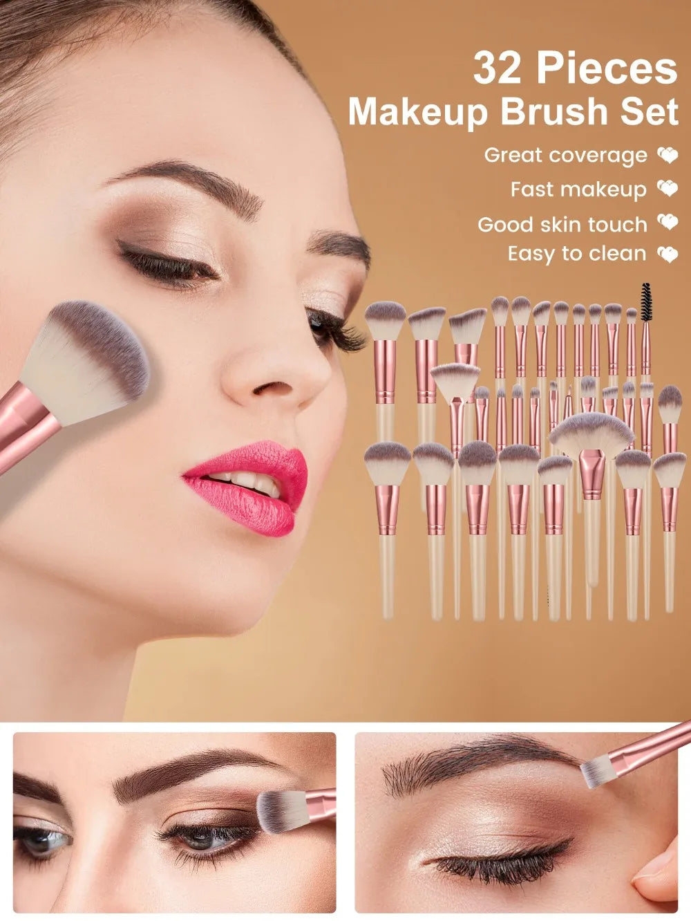 Complete Makeup Brush Set With Sponges, Puffs And Cosmetic Bag