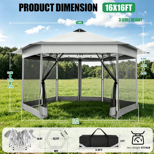 16x16FT Pop Up Gazebo Tent with Mosquito Netting, Gazebos on Clearance, Hexagonal Outdoor Canopy Shelter, Patented Center Lock 6-Sided Portable Gazebos, Pop Up Canopy Tent for Backyard