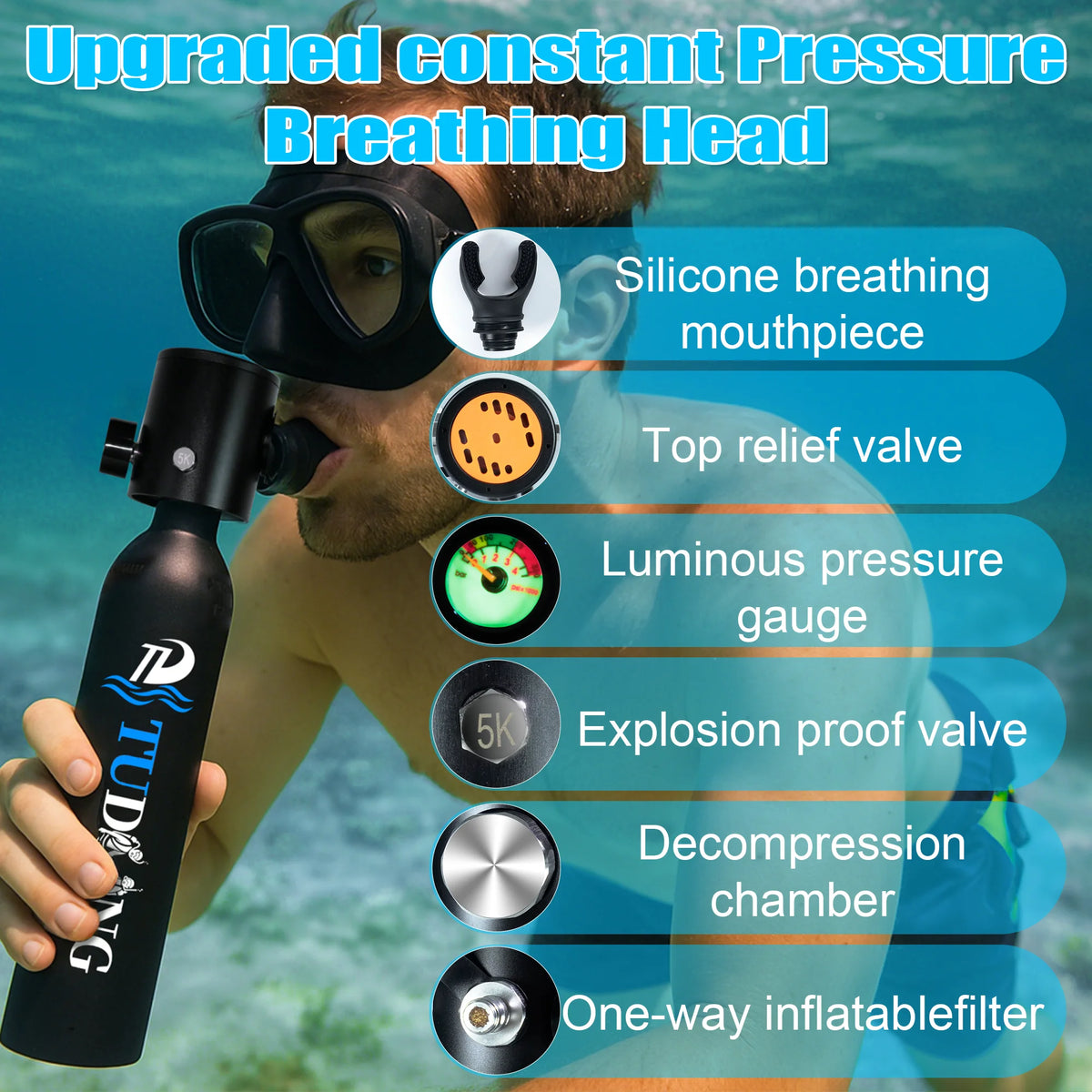 TUDIVING Portable Scuba Diving Tank With Mask For Underwater Training