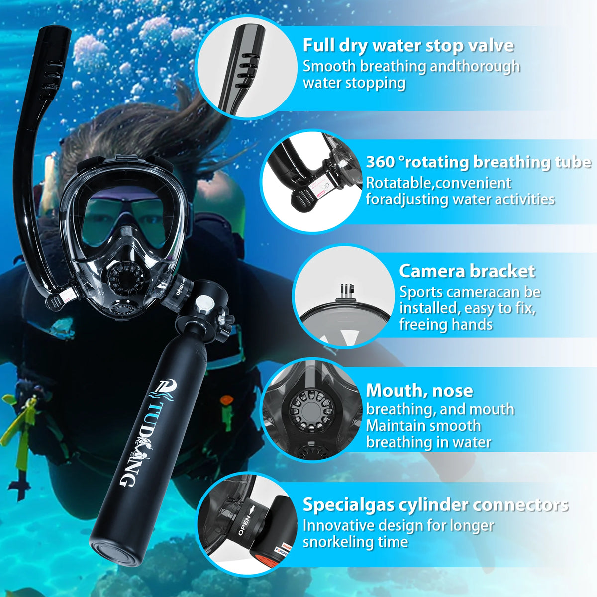 TUDIVING Portable Scuba Diving Tank With Mask For Underwater Training