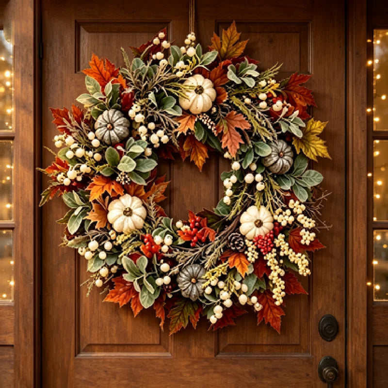 Autumn Harvest Wreath With Pumpkins, Pinecones, Maple Leaves And Berries