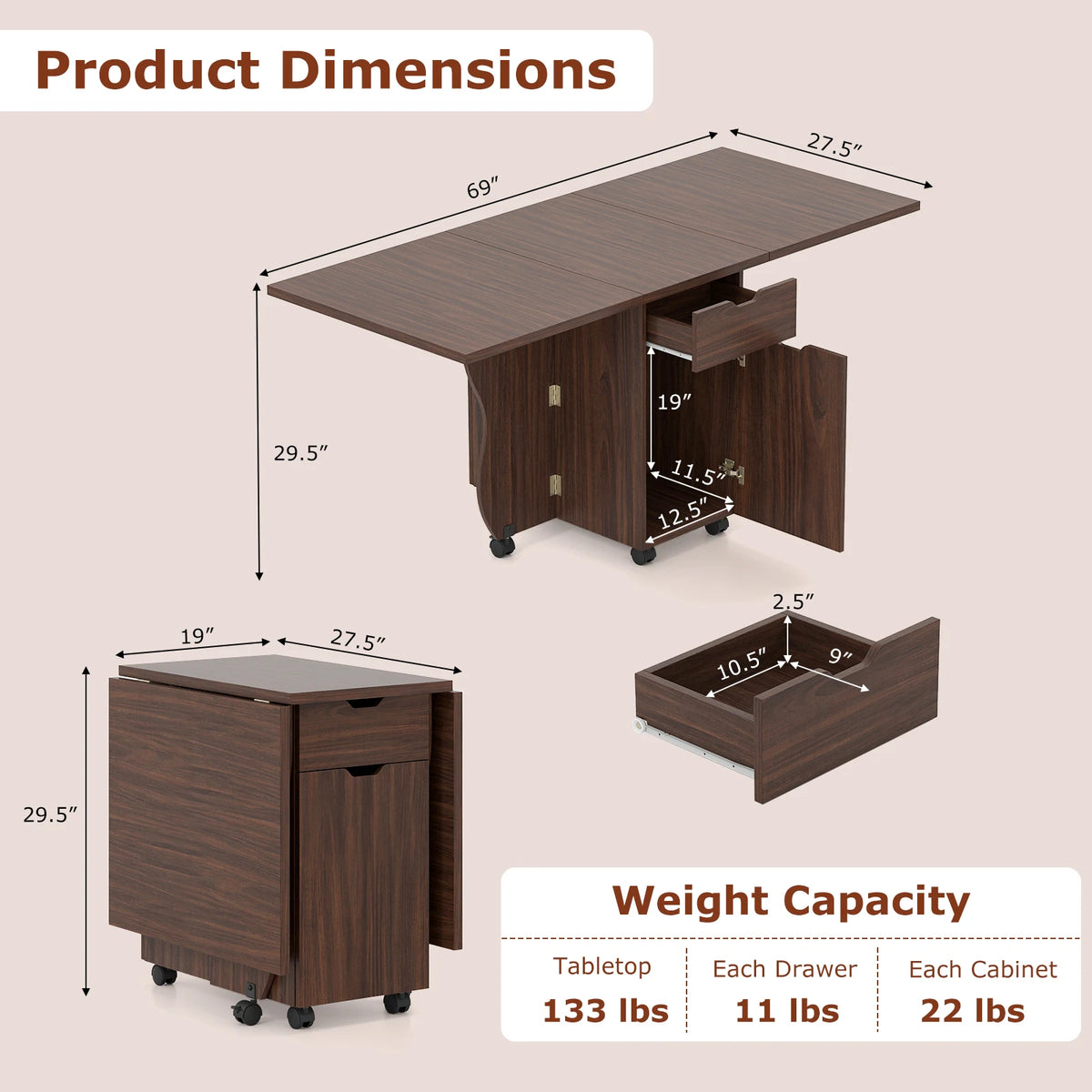 HOMASIS Folding Dining Table with Lockable Wheels, Drawers and Cabinets