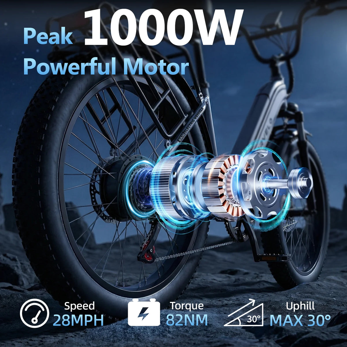 Cybervelo 26' Electric Bike Fat Tire 1000W Peak 48V 25Ah Long-lasting Removable Battery 7-Speed City Commute All-terrain E-Bike Adults EK10