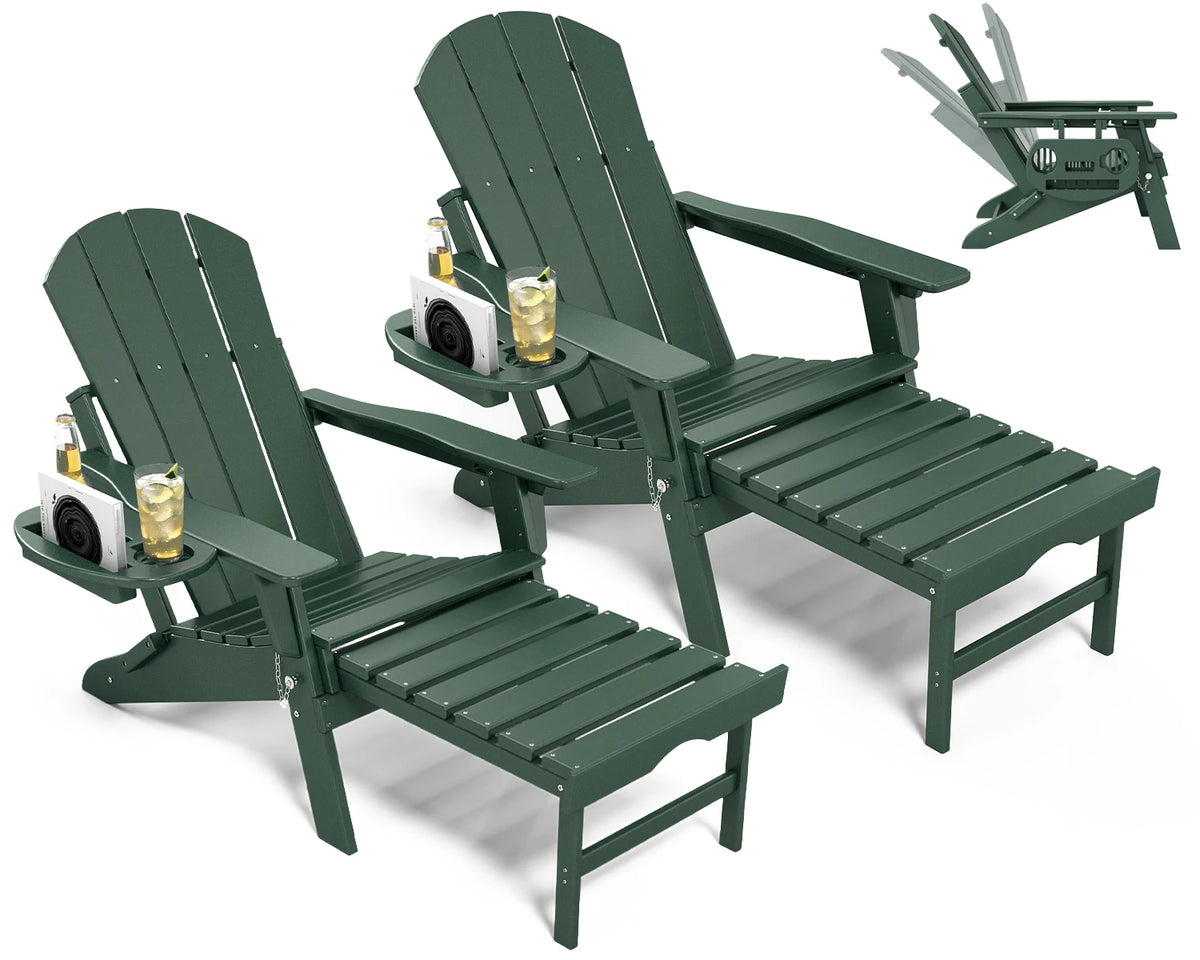 Adjustable Adirondack Chair with Retractable Ottoman, HDPE Outdoor Patio Chair with 3 Reclining Positions, Folding Garden Lounge Chair with Detachable Side Tray for Yard, Porch, Deck