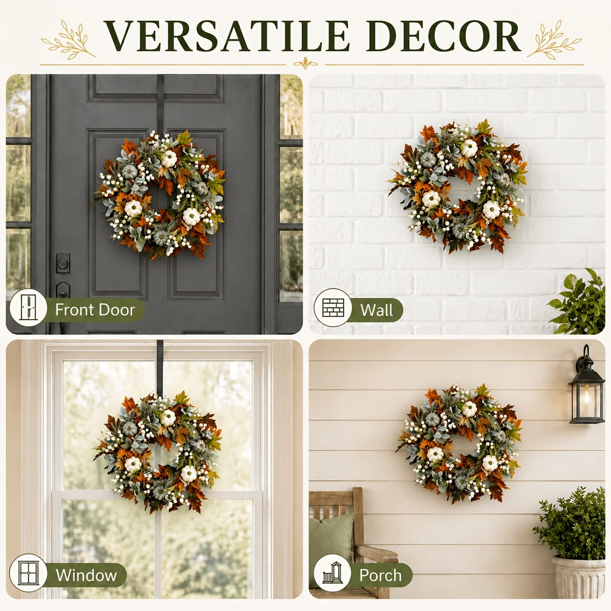 Artificial Peony And Pumpkin Farmhouse Wreath With Leaves And Berries
