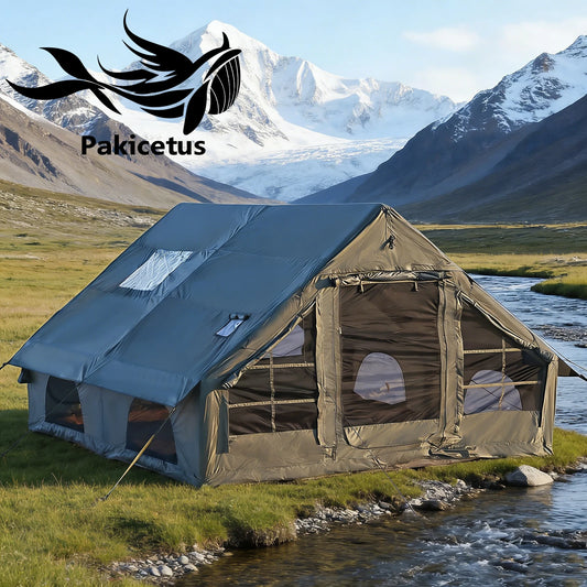 PAKICETUS Large Luxury Inflatable Glamping Tent with Manual Hand Pump, Easy Setup 4 Season Anti-Snow Spacious Family Shelter, Weatherproof Air Tent for Outdoor Camping, Backyard Party & Wilderness Adventure