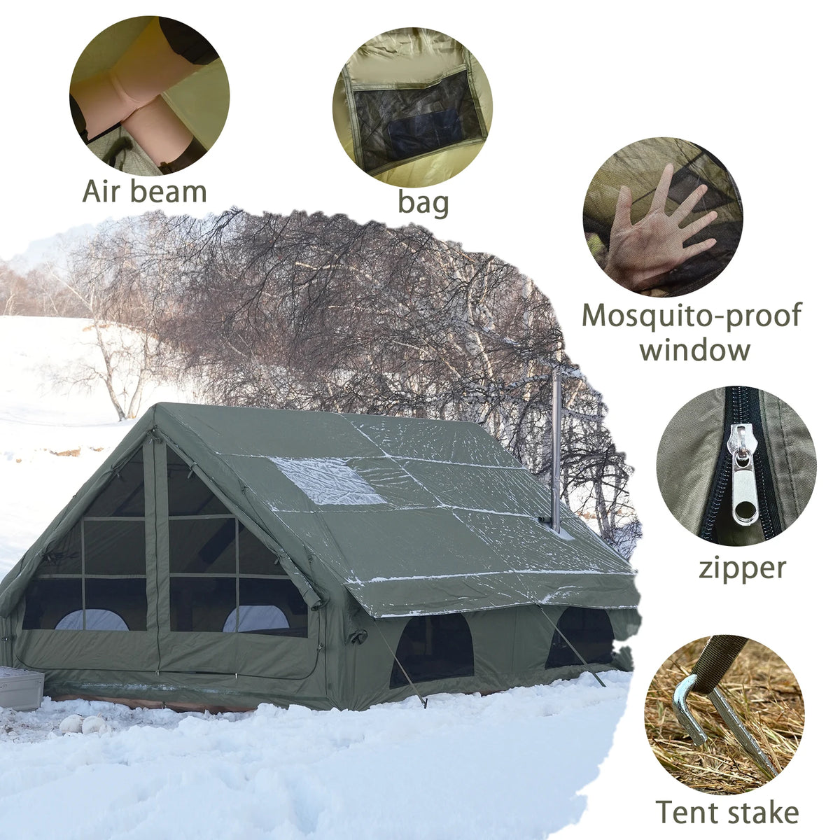 PAKICETUS 12㎡ Large‑Space Inflatable Camping Tent for 4‑8 Adults, 4‑Season Polyester Fabric Shelter, with Manual Hand Pump, for Family Camping, Hiking, Backyard & Outdoor Glamping Trips