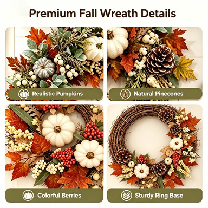 Autumn Harvest Wreath With Pumpkins, Pinecones, Maple Leaves And Berries