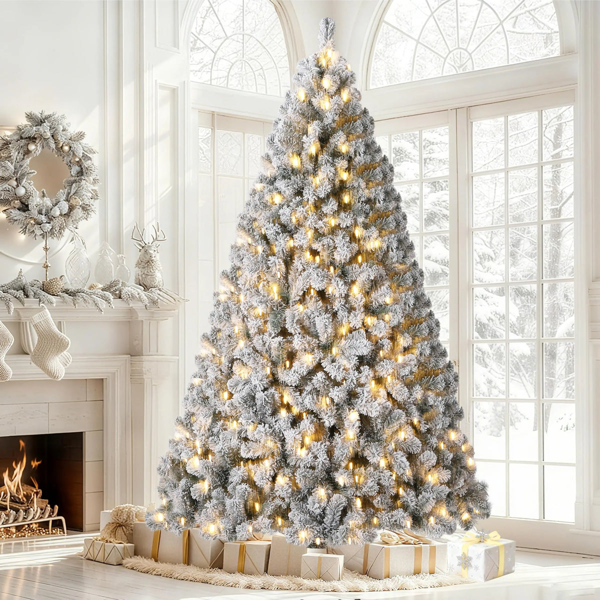 Flocked Prelit Artificial Christmas Tree With LED Lights And Stand