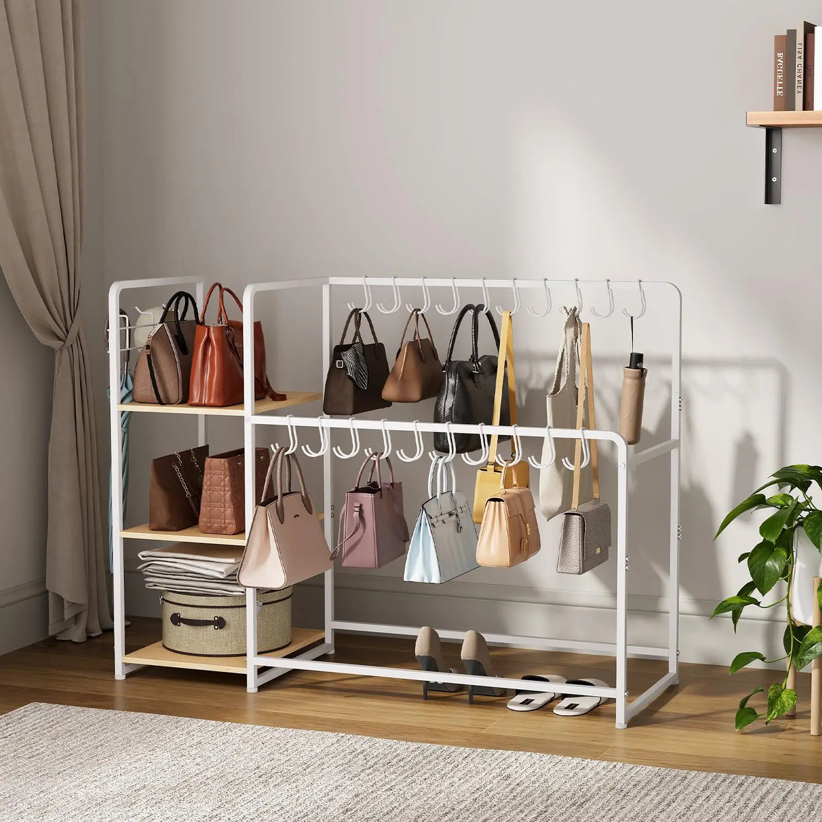 3 Tier Purse Organizer Rack For Closet With 20 Handbag Hangers, Side Hooks, Wheels And Wood Shelves For Bedroom Entryway Storage