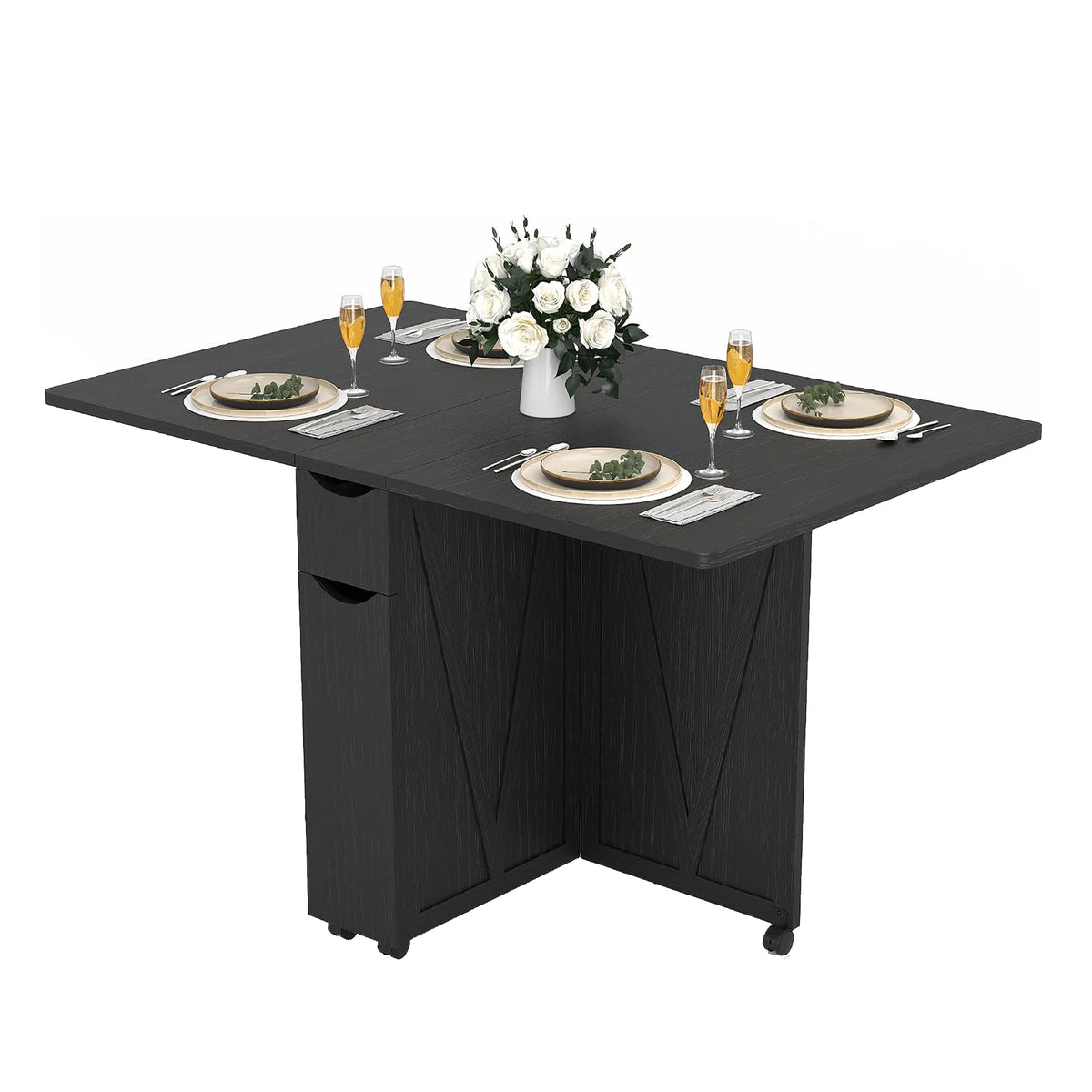HiMISS Folding Dining Table With Storage Drawer And Shelves