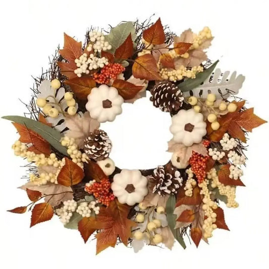 Autumn Harvest Wreath With Pumpkins, Pinecones, Maple Leaves And Berries