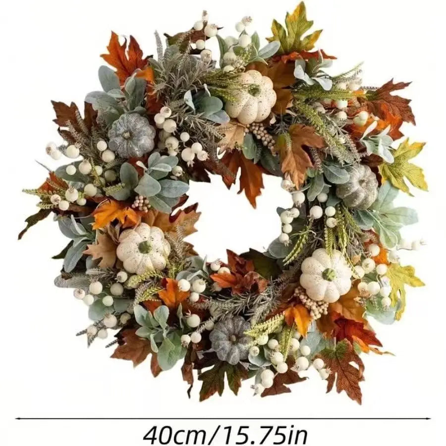 Autumn Harvest Wreath With Pumpkins, Pinecones, Maple Leaves And Berries