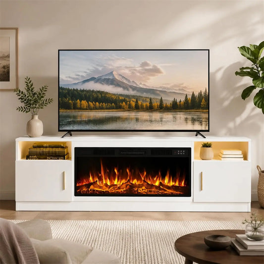 Tacleekii 80" Electric Fireplace TV Stand with 36" Insert Media Console for TVs Up To 90" 12 Flame Colors 750W/1500W Heater Dual Storage Cabinets