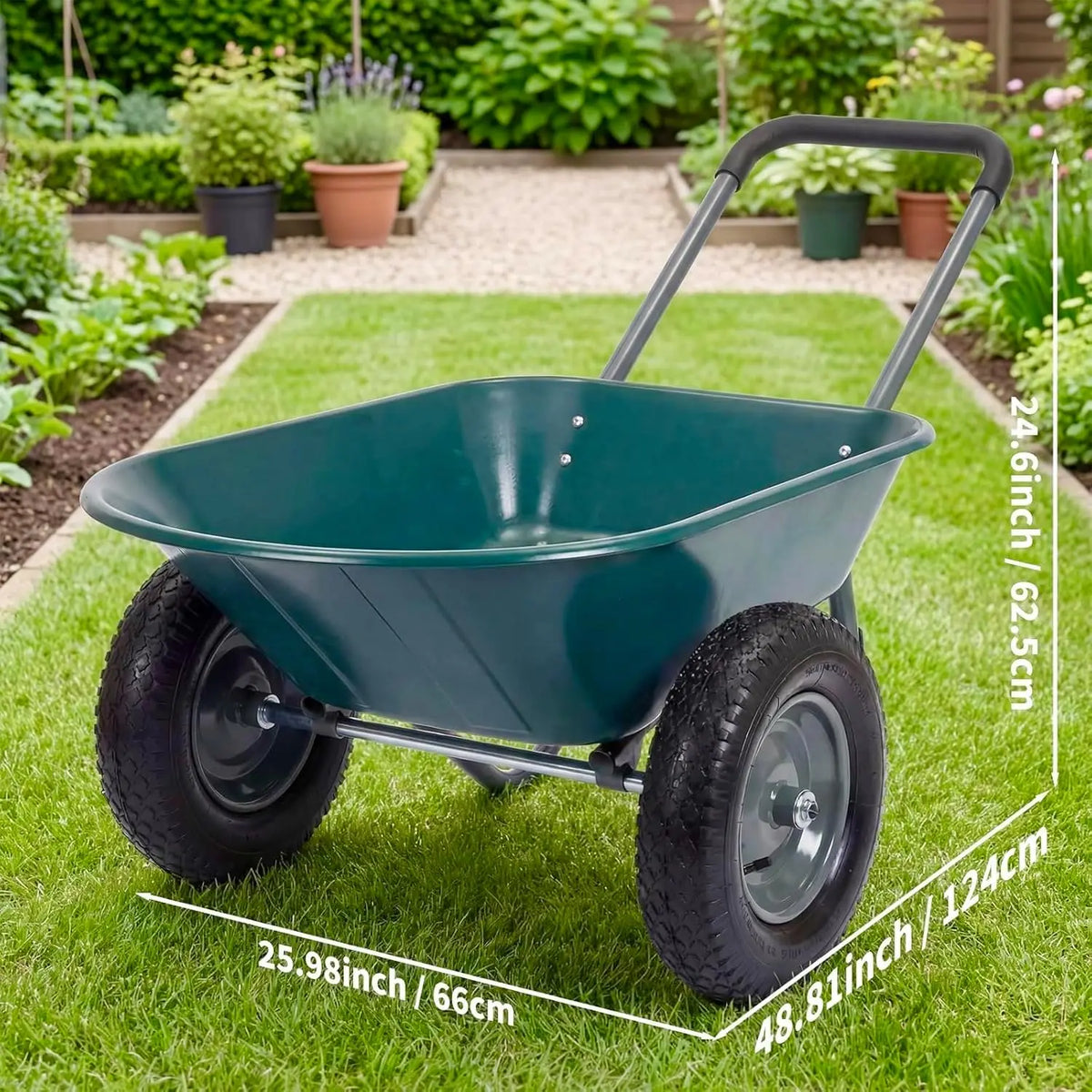 Tacleekii 600 Lbs Garden Wheelbarrow with All Terrain 2 Wheel Wagon Cart Steel Frame | Utility Heavy Duty Outdoor Garden Cart 2-Wheel Easy Unloading for Unloading for Garden Lawn Yard Farm