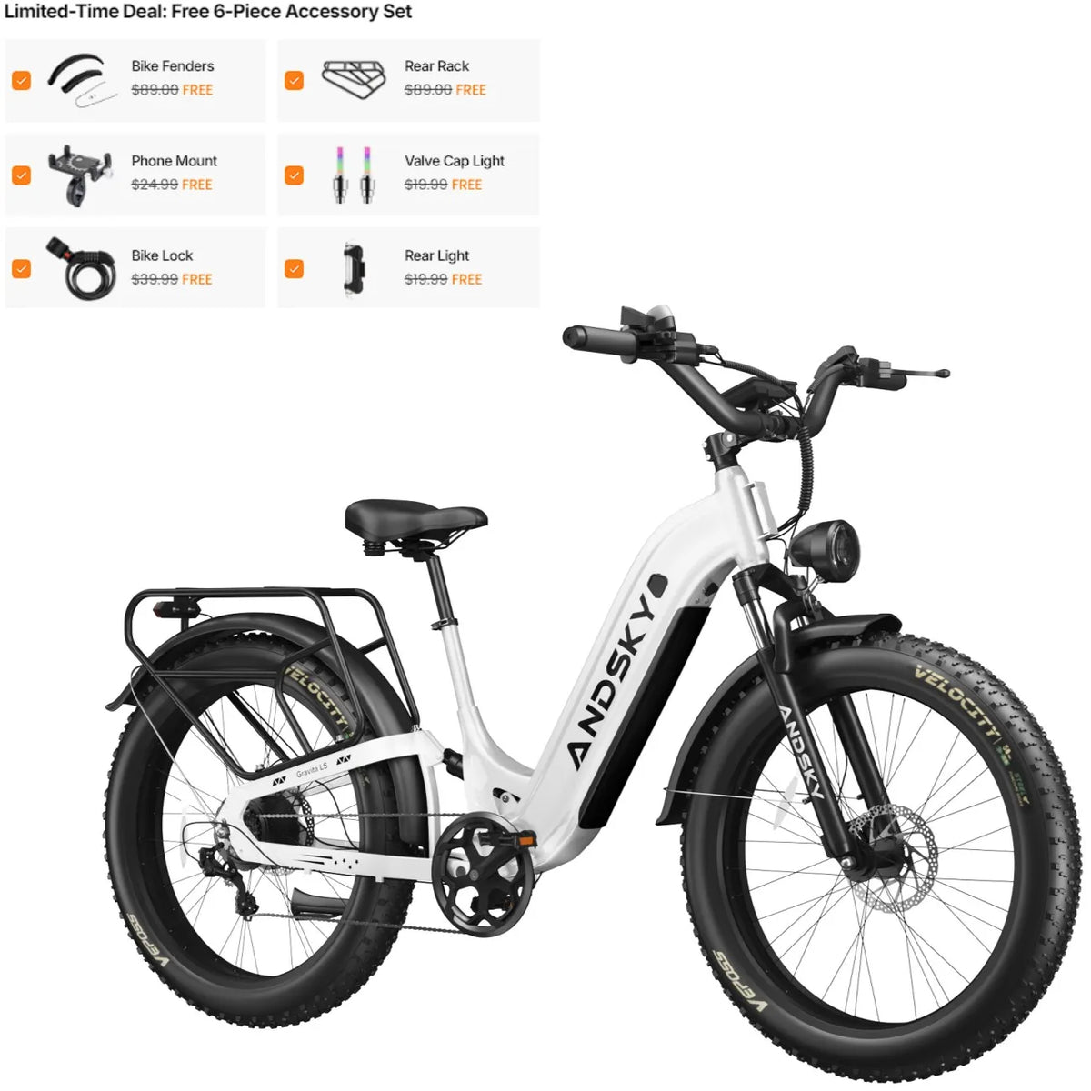 ANDSKY Gravita LS City Commuter Electric Bicycle 80Miles Long Range 48V 20AH Removable Battery 32MPH 1300W Motor 90Nm Powerful Torque Electric Bike for Adults E-bike with 6-Piece Kit