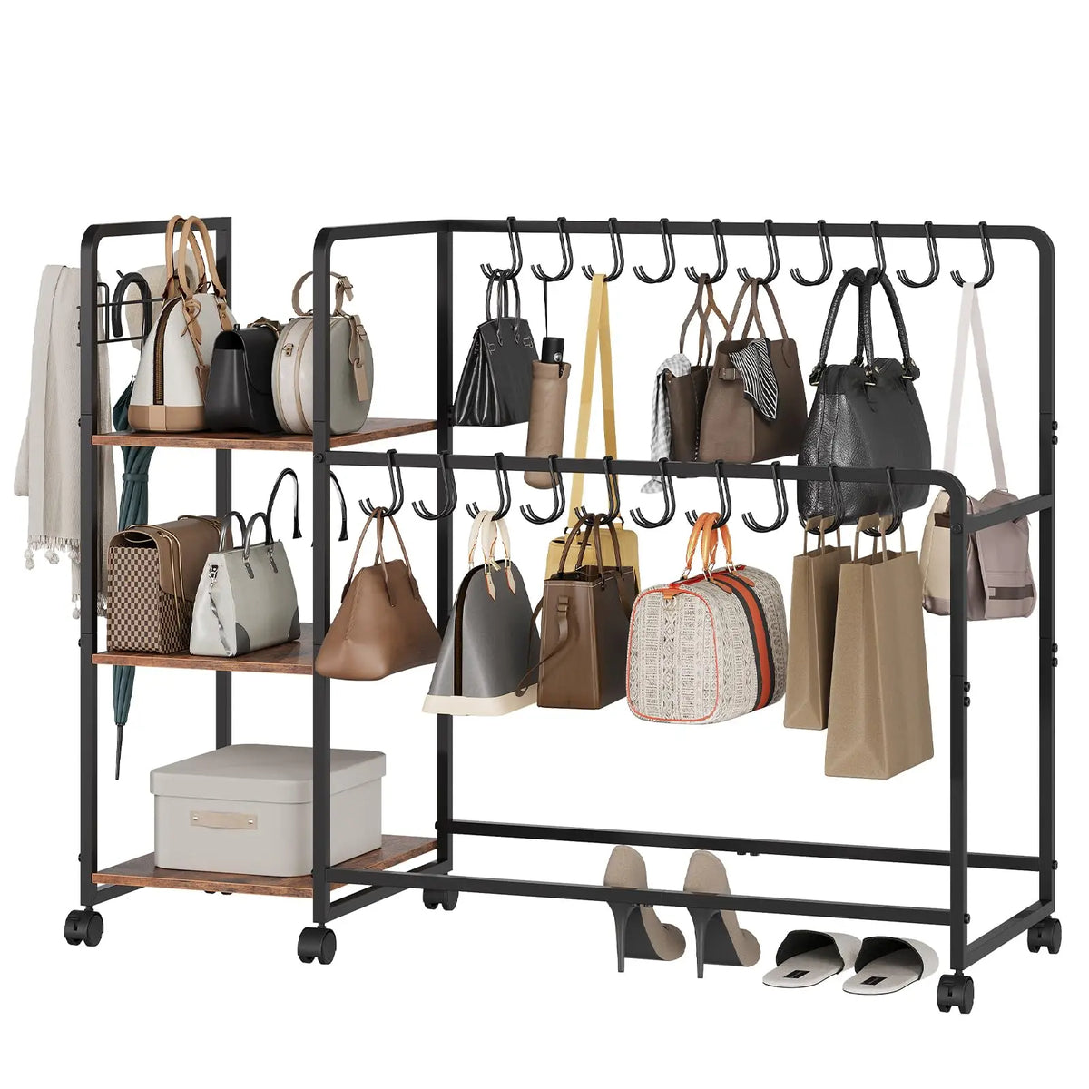 3 Tier Purse Organizer Rack For Closet With 20 Handbag Hangers, Side Hooks, Wheels And Wood Shelves For Bedroom Entryway Storage
