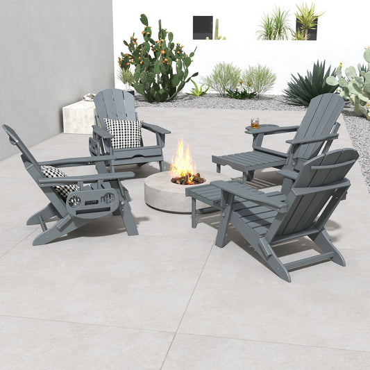 Adjustable Adirondack Chair with Retractable Ottoman, HDPE Outdoor Patio Chair with 3 Reclining Positions, Folding Garden Lounge Chair with Detachable Side Tray for Yard, Porch, Deck