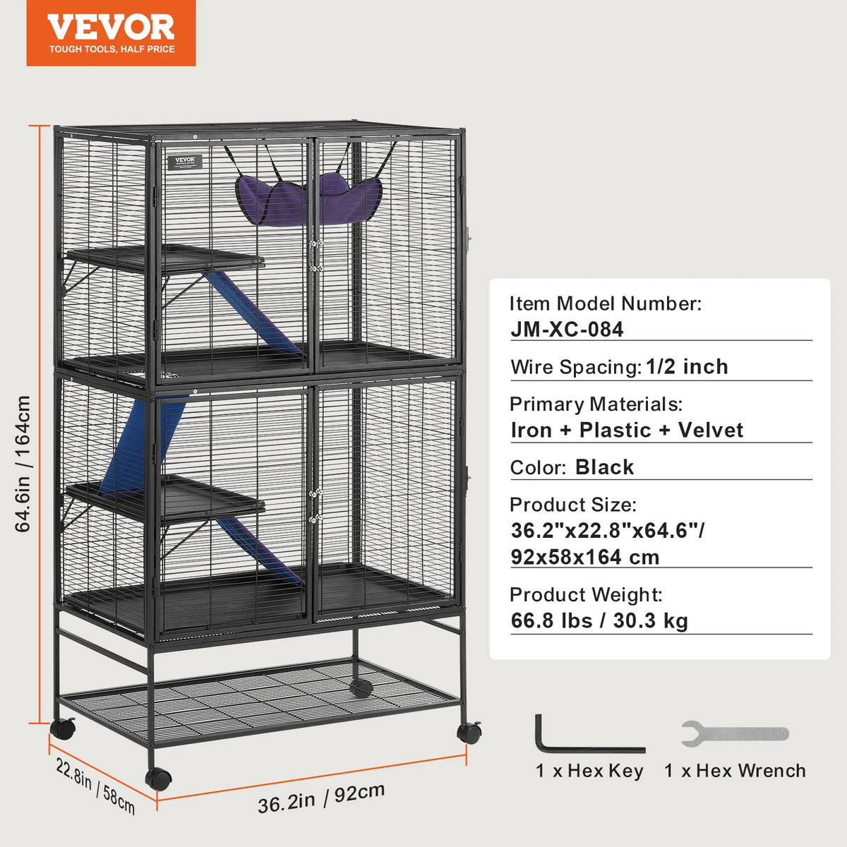 SucceBuy 64.6" Rolling Metal Ferret Cage Large 4-Tier Critter Nation Cage Small Animal Cage for Rats Hamster Guinea Chinchilla