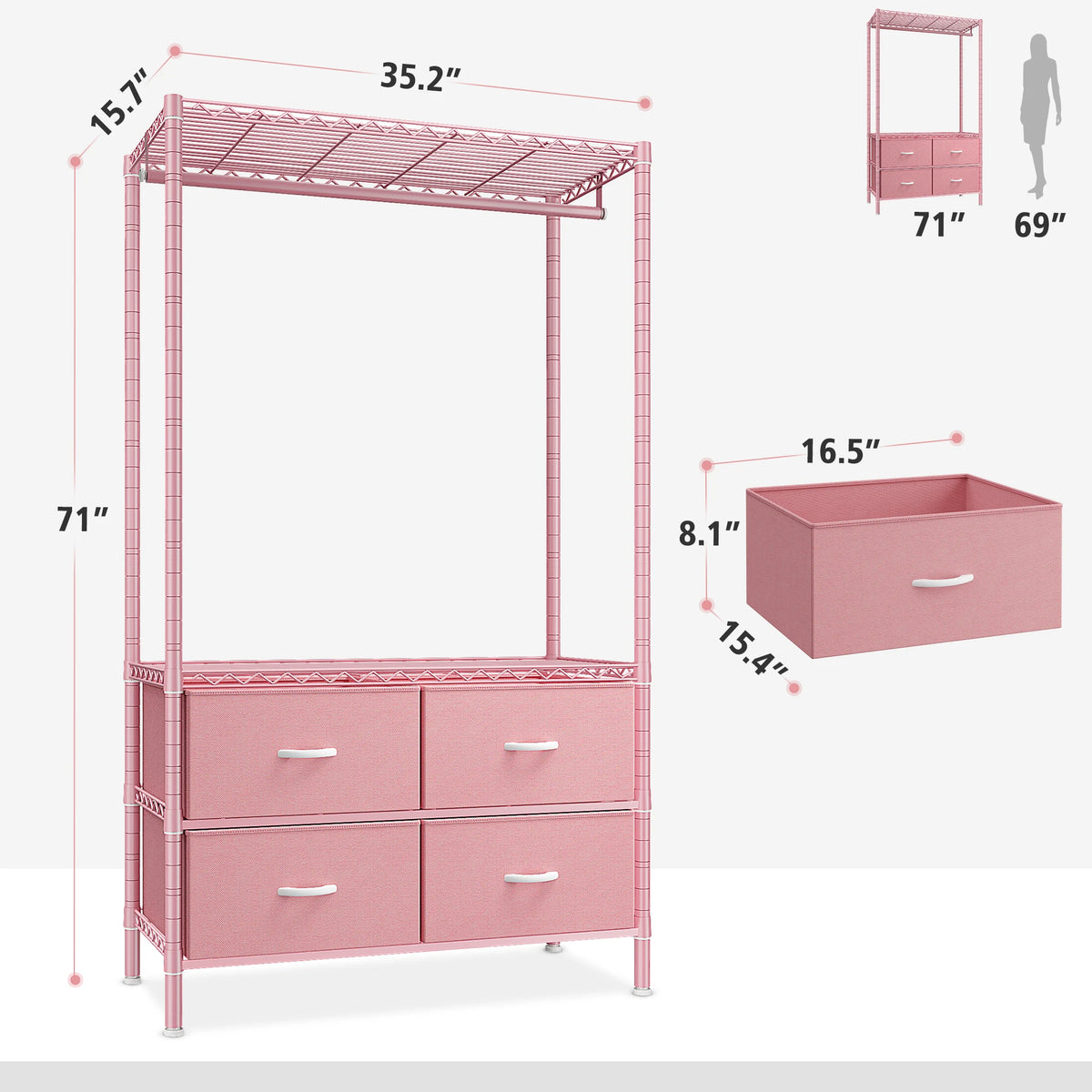Heavy Duty Clothes Rack, Clothing Rack For Hanging Clothes With 4 Drawers Load 420LBS, Easy To Assemble, Sturdy & Durable Design, Large Capacity For Coats, Shirts, Closet Organizers And Storage, Furniture For Home, Christmas