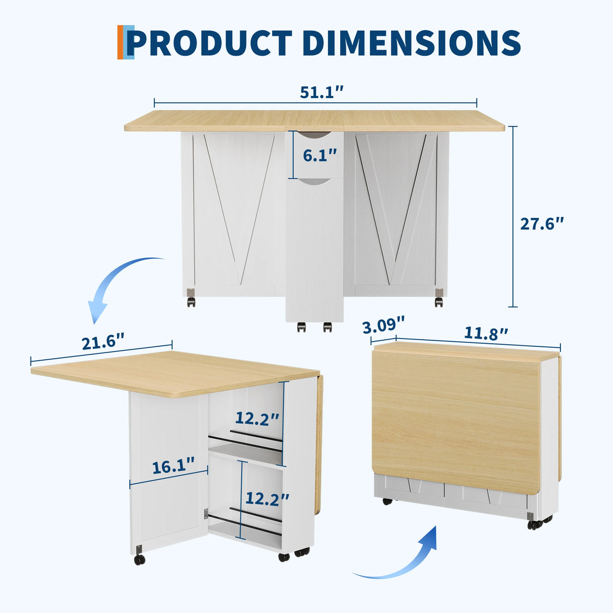 HiMISS Folding Dining Table With Storage Drawer And Shelves