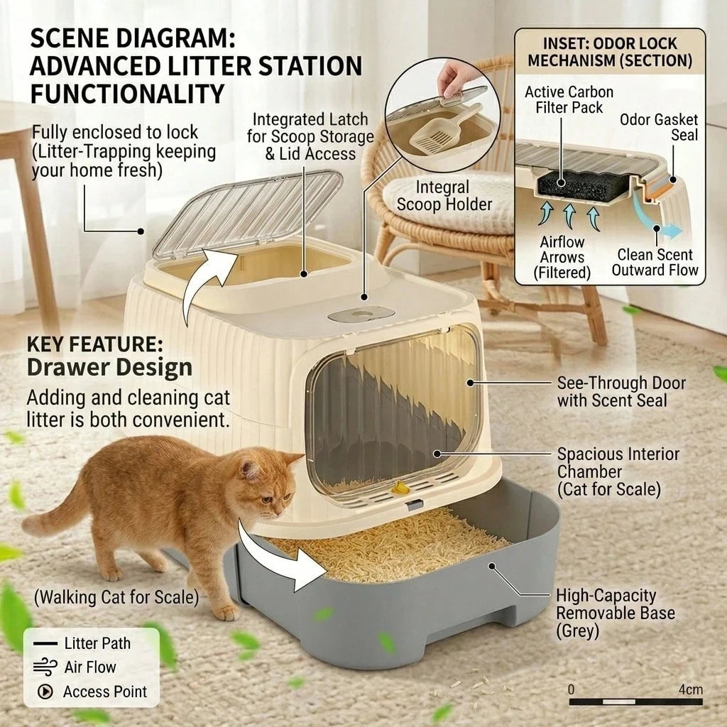 2 in 1 Fully Enclosed Cat Litter Box High Sided Anti-Splash, Detachable Pet Toilet With Lid And Door, Odor Control Deep Bottom Easy Clean For Indoor Cats