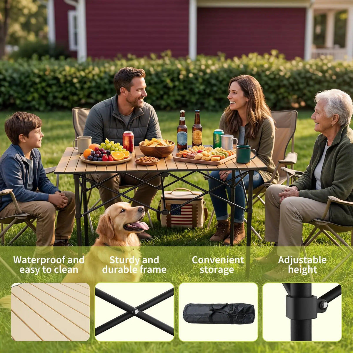Adjustable Height Folding Camping Table, Portable Aluminum Roll Up Table With Carry Bag, 110lb Outdoor BBQ Patio Beach