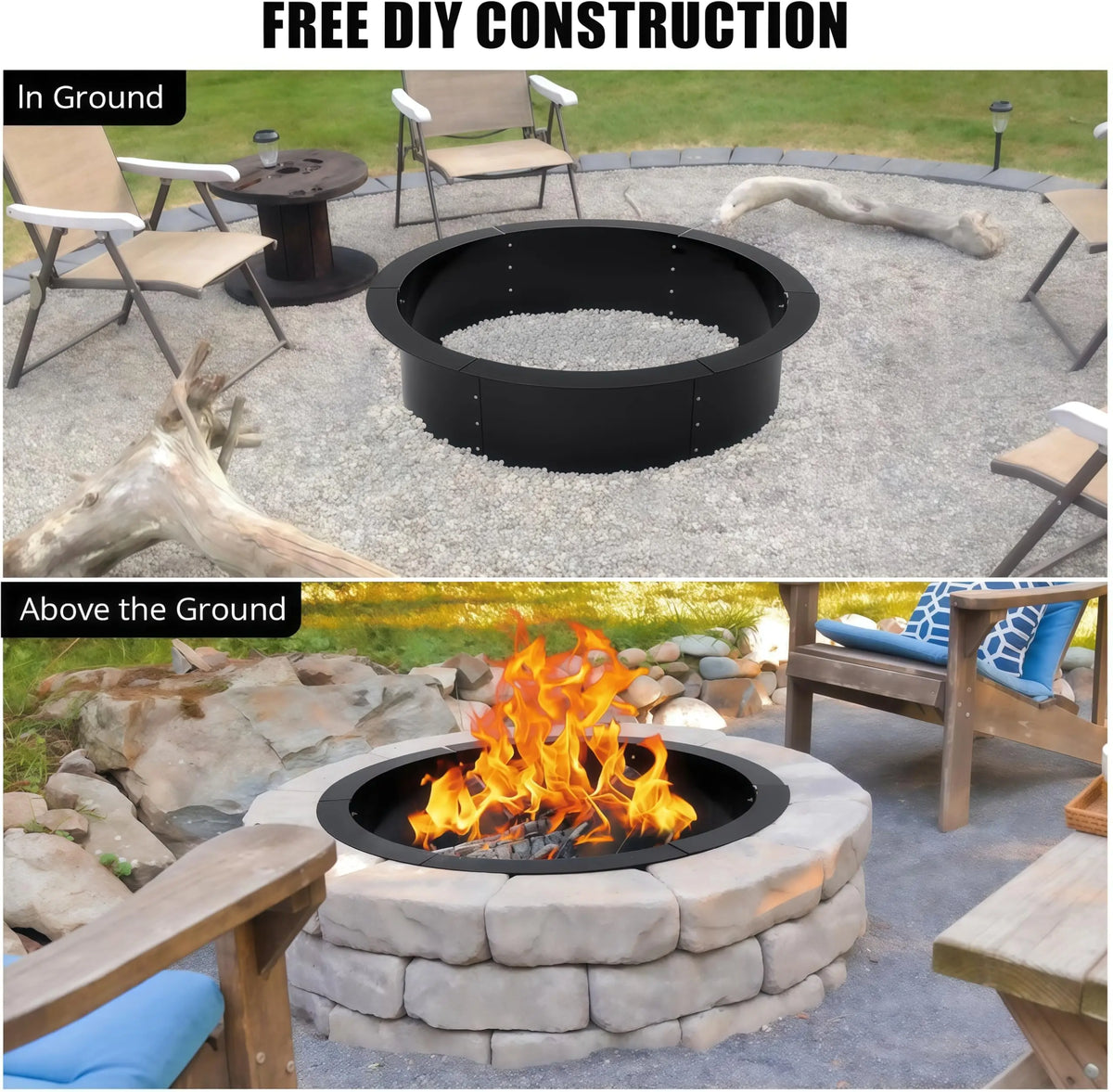 48" / 60" Inner Smokeless Fire Pit Ring for Outdoor, Heavy-Duty Steel Insert Large Round Fire Pit, Outdoor Fireplace Bonfire Pit for Backyard Camping