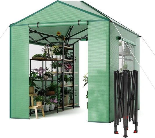 Tacleekii 6X8FT 8X12FT Walk-in Greenhouse Portable Plant Shelter with Heavy-Duty PE Cover Galvanized Steel Frame Zippered Roll-Up Doors & Mesh Windows for Outdoor and Indoor Gardening