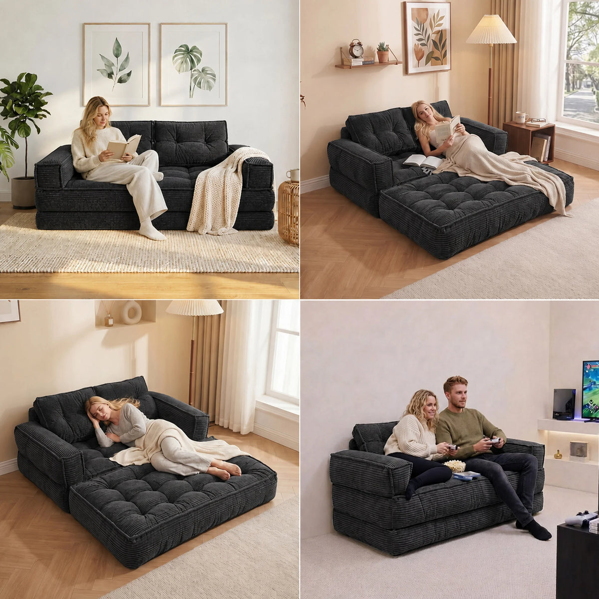 Modular Corduroy Convertible Floor Sofa With Chaise
