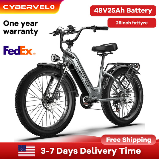 Cybervelo 26' Electric Bike Fat Tire 1000W Peak 48V 25Ah Long-lasting Removable Battery 7-Speed City Commute All-terrain E-Bike Adults EK10