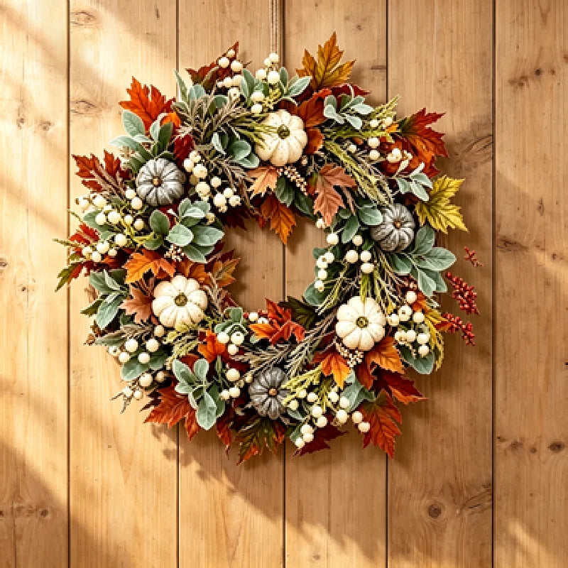 Autumn Harvest Wreath With Pumpkins, Pinecones, Maple Leaves And Berries