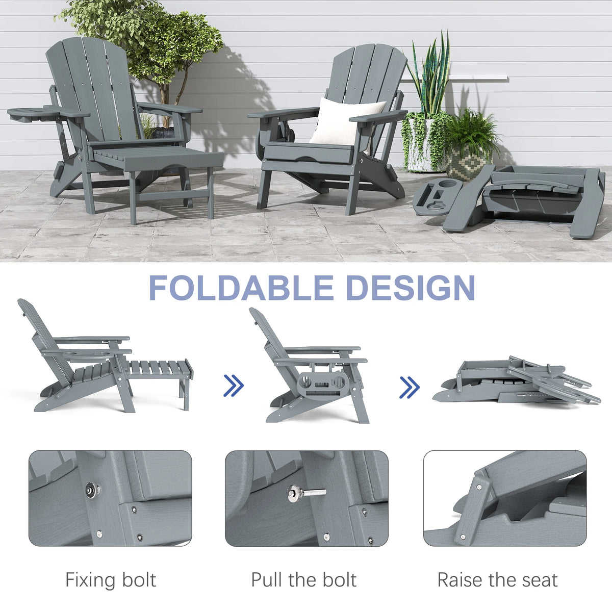 Adjustable Adirondack Chair with Retractable Ottoman, HDPE Outdoor Patio Chair with 3 Reclining Positions, Folding Garden Lounge Chair with Detachable Side Tray for Yard, Porch, Deck