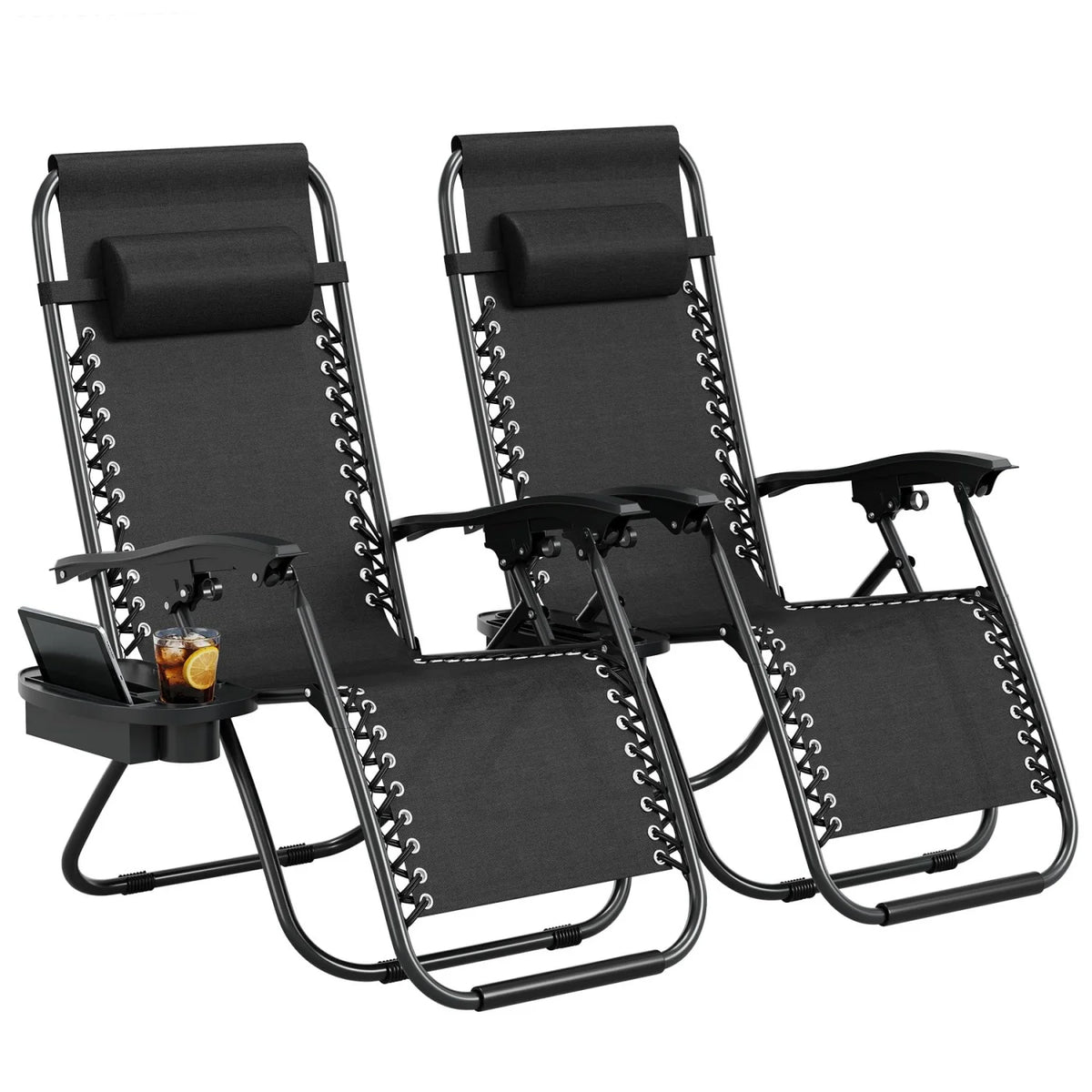 2 Pack Zero Gravity Chair with Cup Holder Tray and Pillow  – Patio Lounge Chair, Adjustable Reclining Chair, Portable Folding Outdoor Camping Chairs for Deck, Beach, Yard, Garden