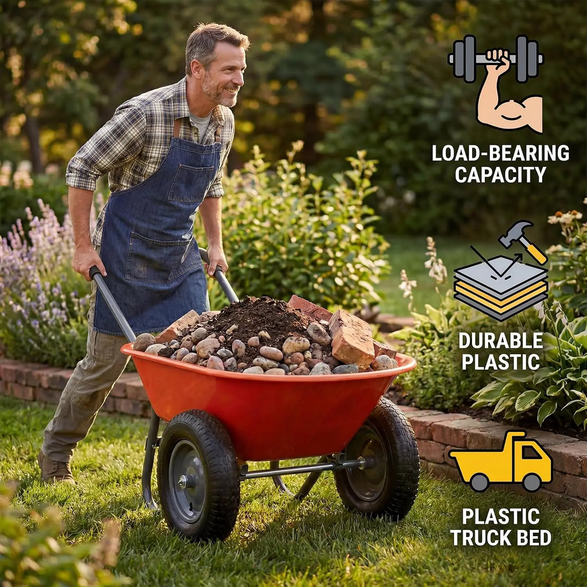 Tacleekii 600 Lbs Garden Wheelbarrow with All Terrain 2 Wheel Wagon Cart Steel Frame | Utility Heavy Duty Outdoor Garden Cart 2-Wheel Easy Unloading for Unloading for Garden Lawn Yard Farm