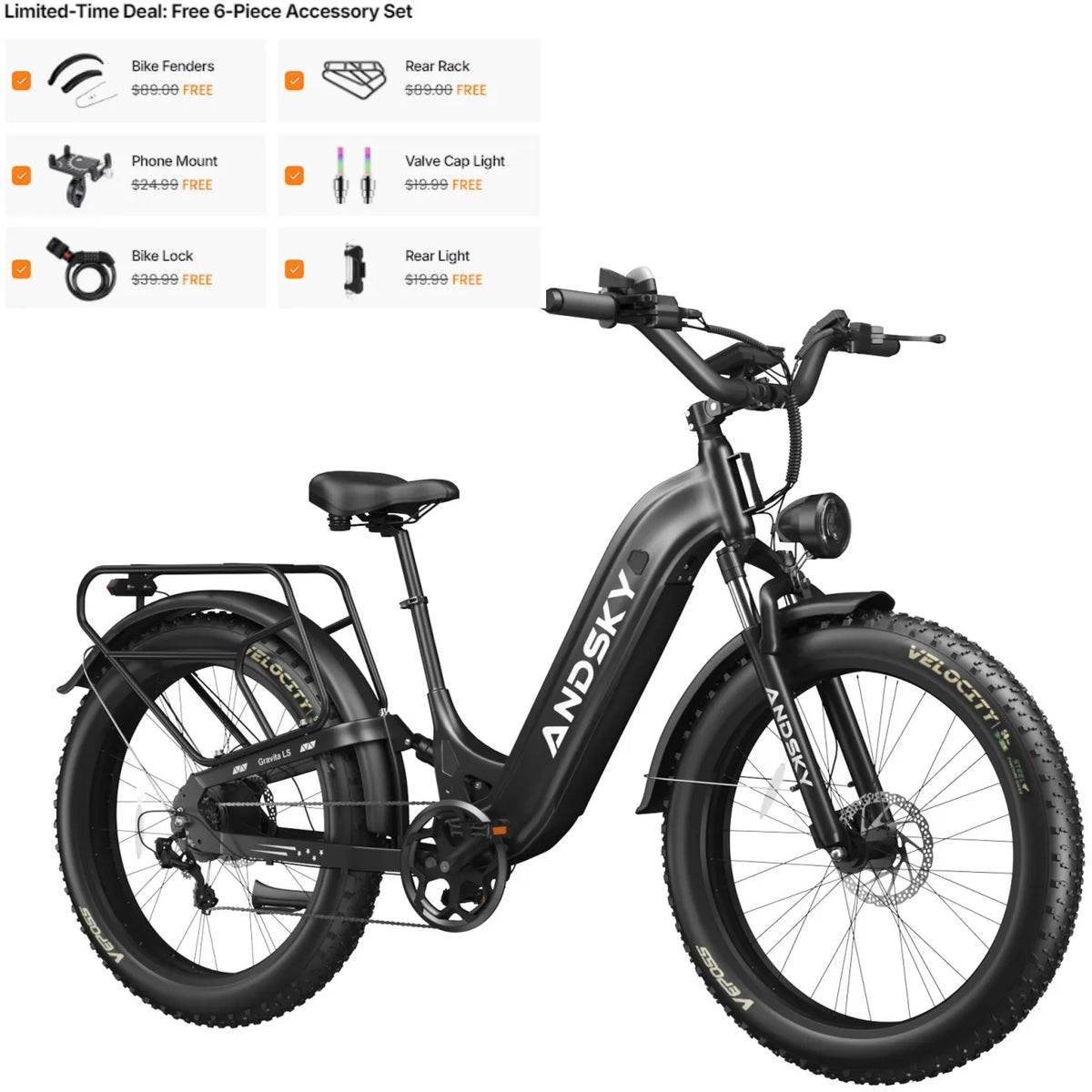 ANDSKY Gravita LS City Commuter Electric Bicycle 80Miles Long Range 48V 20AH Removable Battery 32MPH 1300W Motor 90Nm Powerful Torque Electric Bike for Adults E-bike with 6-Piece Kit