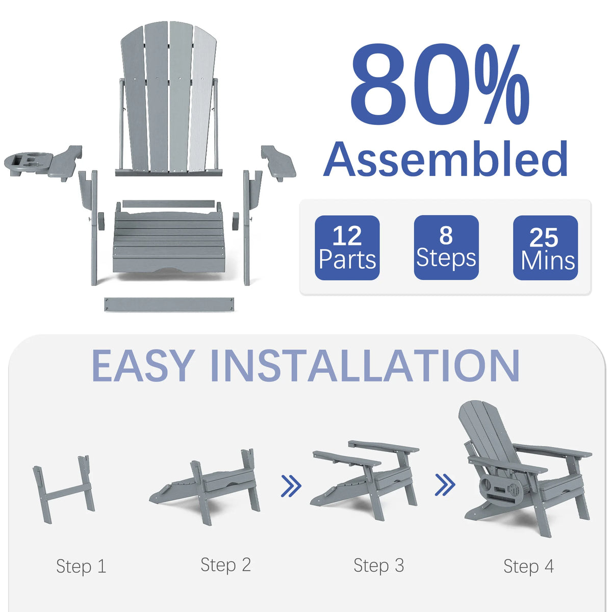 Adjustable Adirondack Chair with Retractable Ottoman, HDPE Outdoor Patio Chair with 3 Reclining Positions, Folding Garden Lounge Chair with Detachable Side Tray for Yard, Porch, Deck