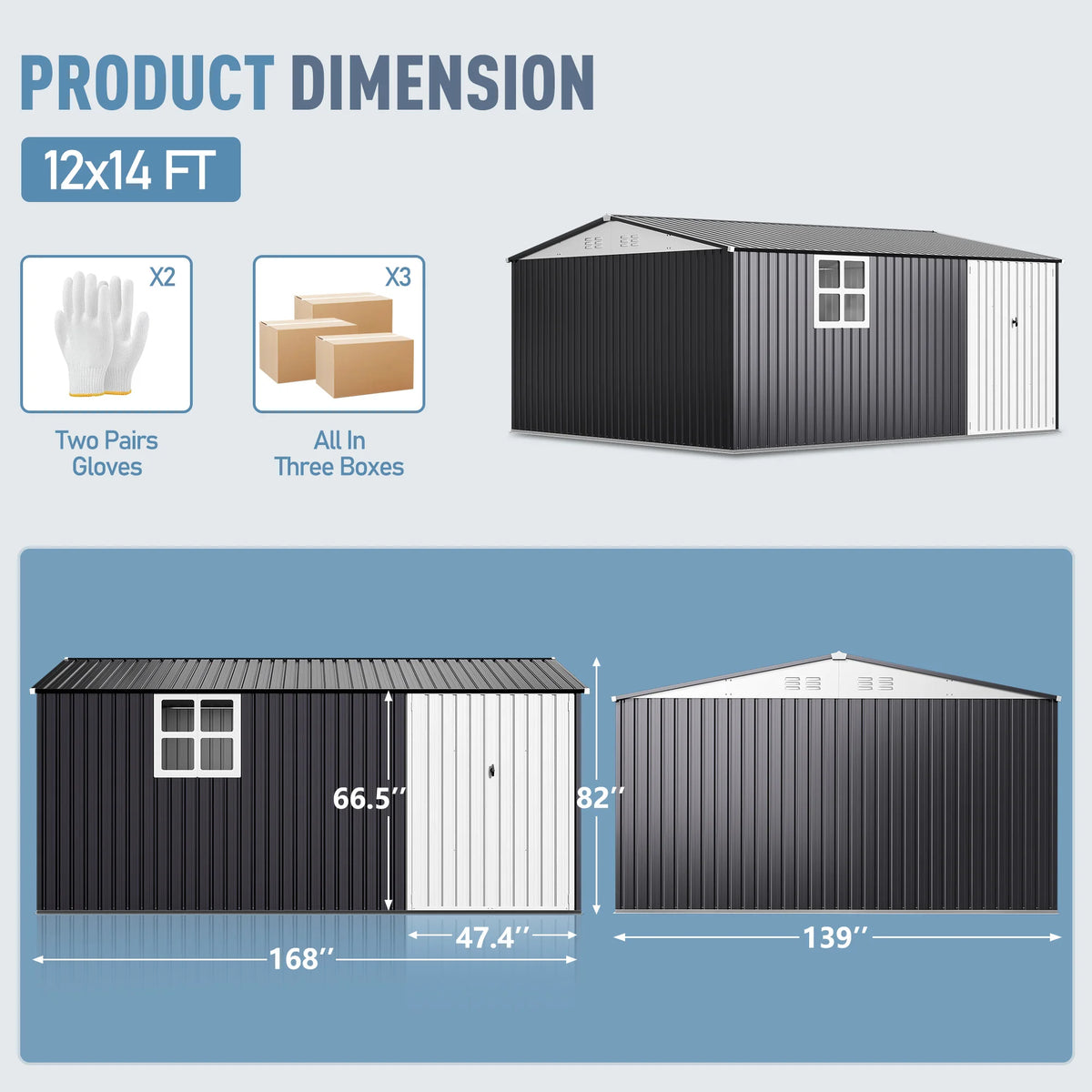 VIWAT 10x12~12x14 FT Outdoor Metal Storage Shed with Window, Lockable Garden Tool Shed, Heavy-Duty Frame, Backyard Patio Black