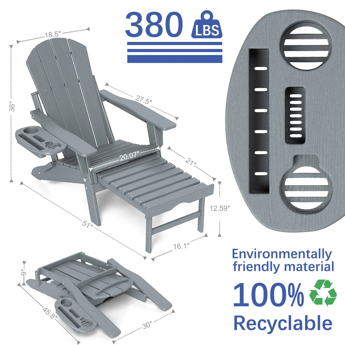 Adjustable Adirondack Chair with Retractable Ottoman, HDPE Outdoor Patio Chair with 3 Reclining Positions, Folding Garden Lounge Chair with Detachable Side Tray for Yard, Porch, Deck