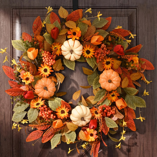 [Thanksgiving Decor] WAIPFARU 1pc Fall Wreaths for Front Door, 22 Inch Autumn Wreath with Pumpkin, Fall Decorations for Home Indoor Outdoor Porch Thanksgiving Farmhouse Harvest Decor, Autumn Decorations for Home, Artificial W