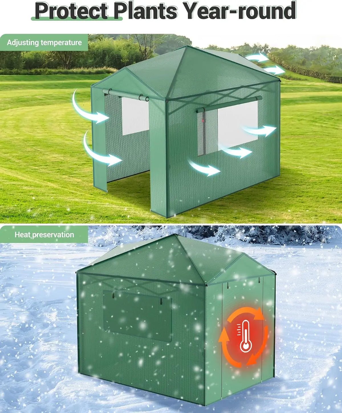 Tacleekii 6X8FT 8X12FT Walk-in Greenhouse Portable Plant Shelter with Heavy-Duty PE Cover Galvanized Steel Frame Zippered Roll-Up Doors & Mesh Windows for Outdoor and Indoor Gardening