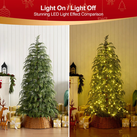 DR.PLANZEN Prelit Cypress Artificial Christmas Tree with Woven Basket Stand