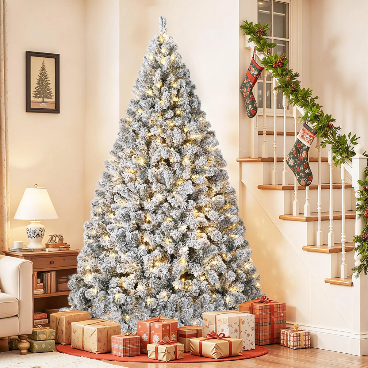 Flocked Prelit Artificial Christmas Tree With LED Lights And Stand