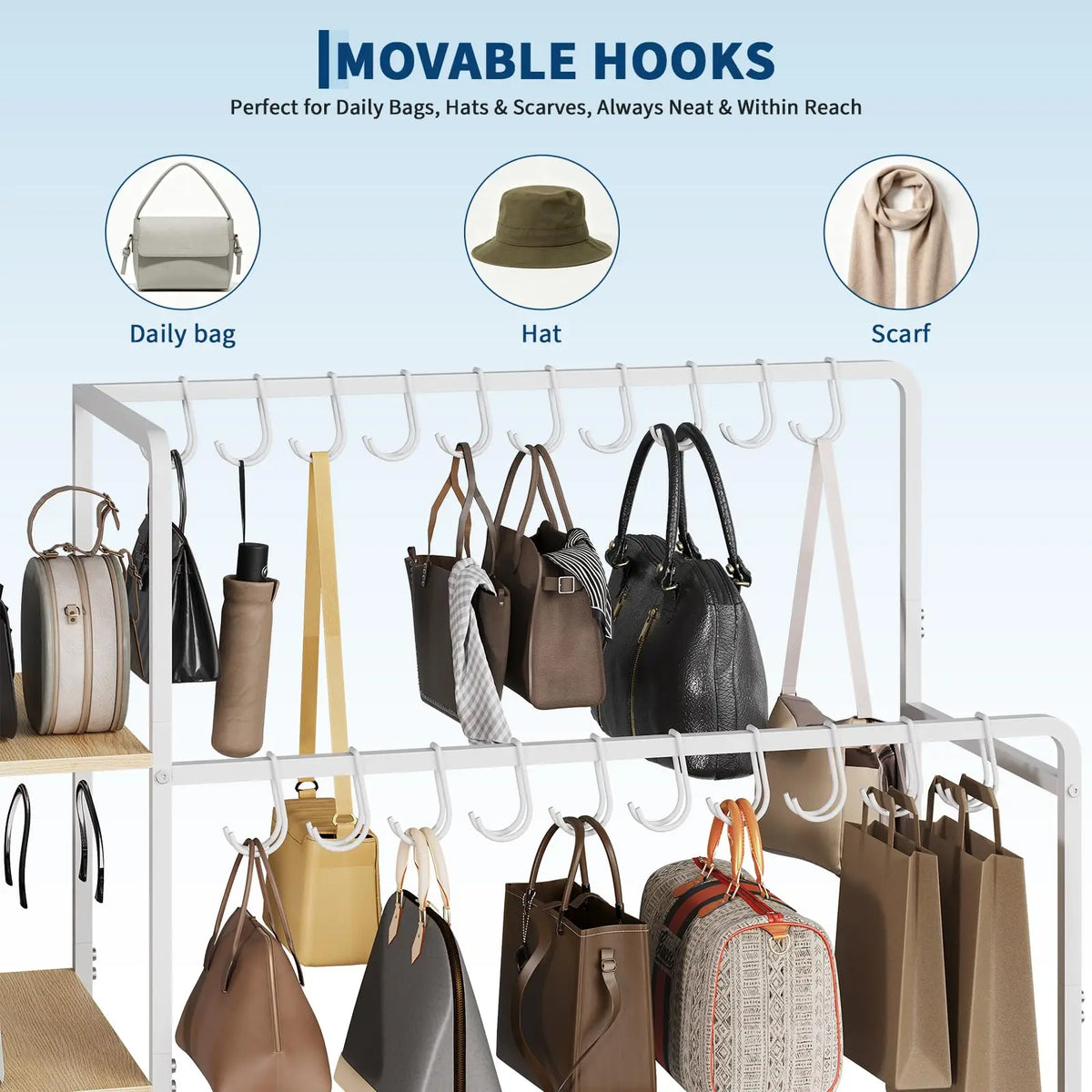 3 Tier Purse Organizer Rack For Closet With 20 Handbag Hangers, Side Hooks, Wheels And Wood Shelves For Bedroom Entryway Storage