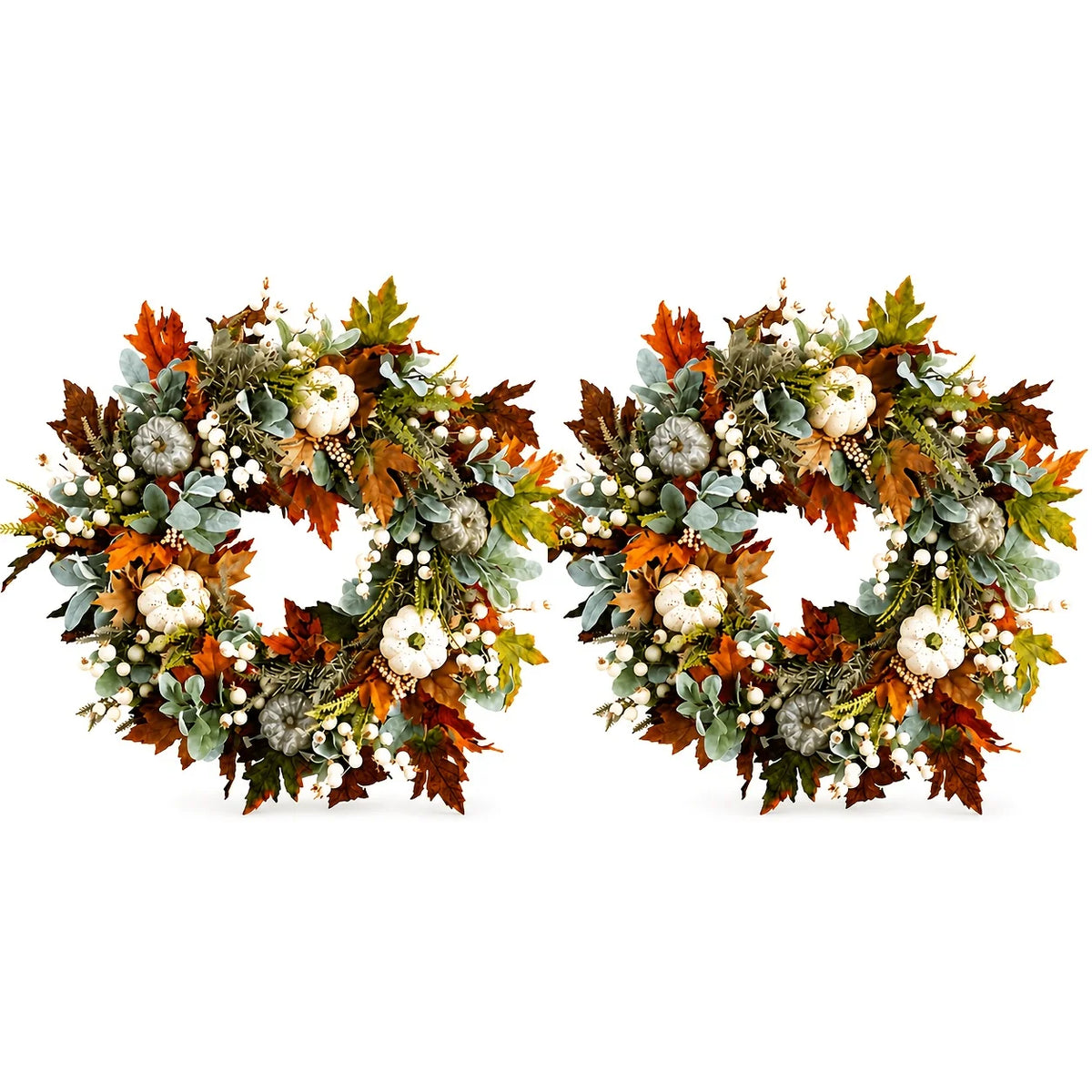 Artificial Peony And Pumpkin Farmhouse Wreath With Leaves And Berries