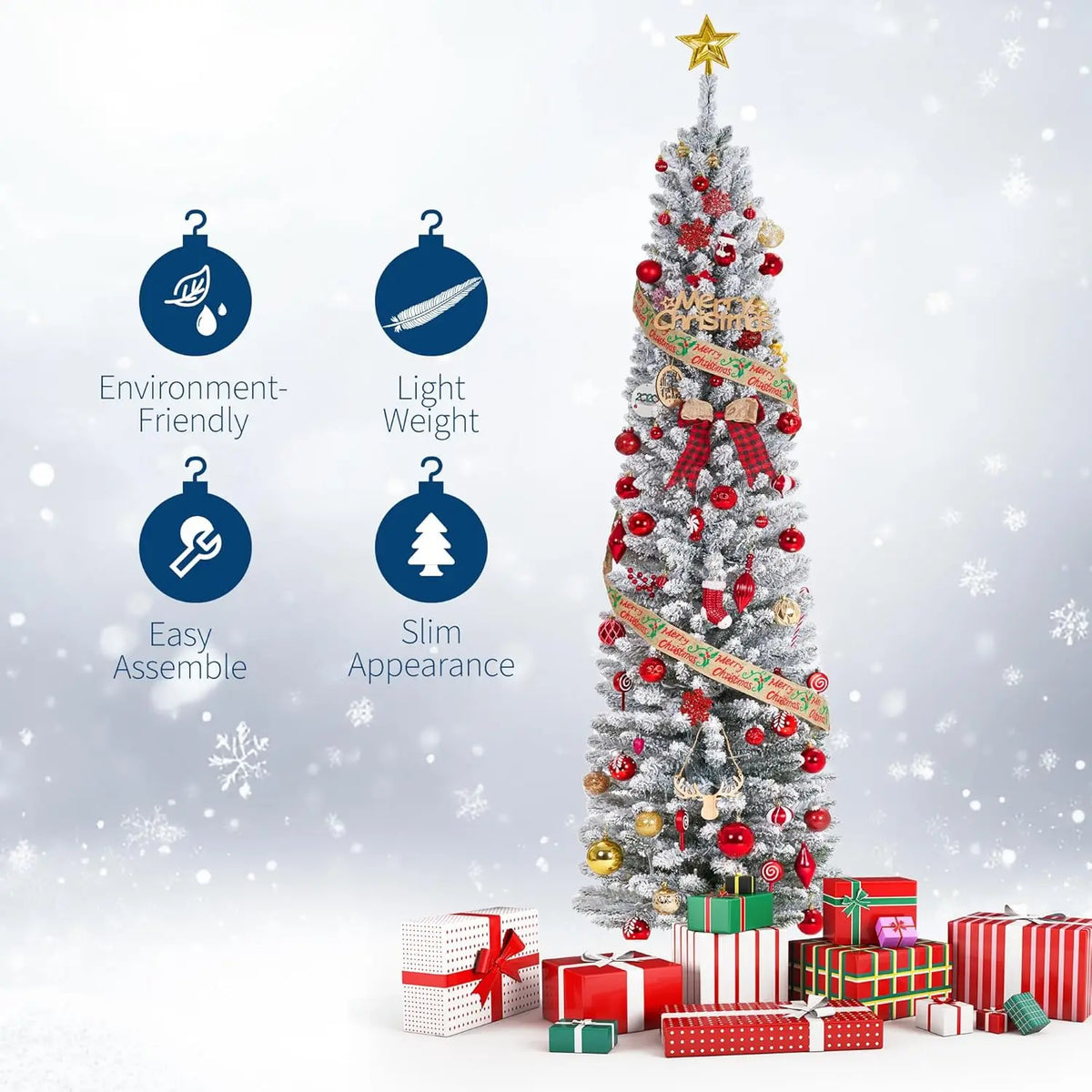 Studyset Artificial Pencil Christmas Tree With Realistic Snow Flocked Branches