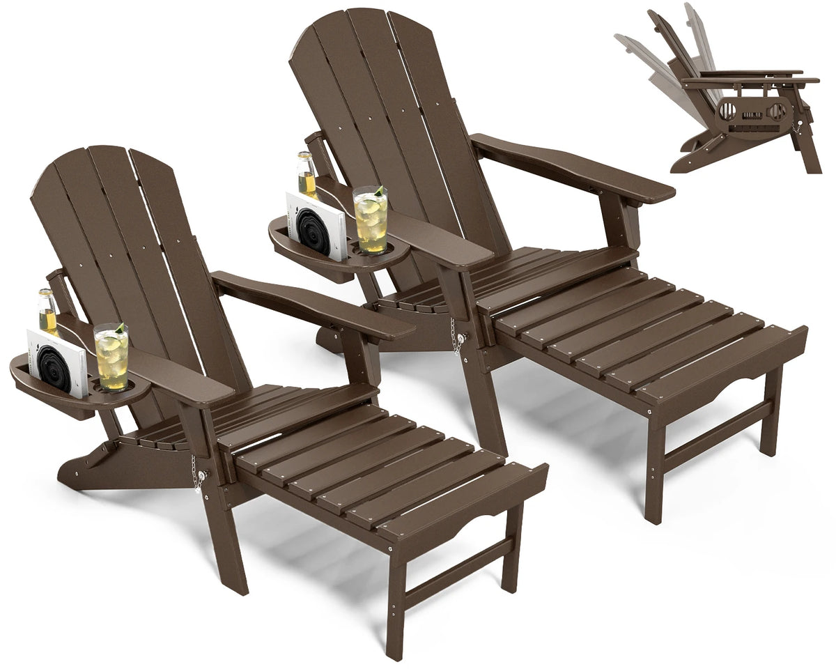 Adjustable Adirondack Chair with Retractable Ottoman, HDPE Outdoor Patio Chair with 3 Reclining Positions, Folding Garden Lounge Chair with Detachable Side Tray for Yard, Porch, Deck