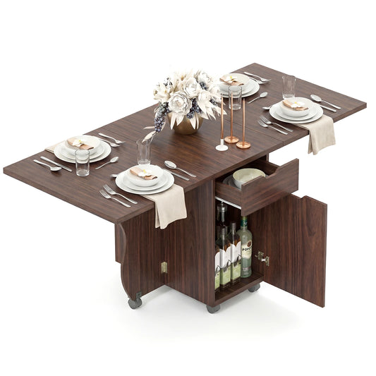 HOMASIS Folding Dining Table with Lockable Wheels, Drawers and Cabinets